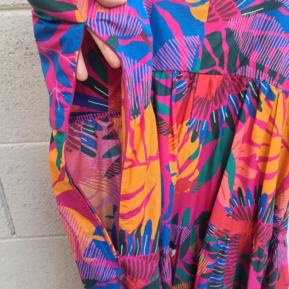 Farm Rio | Macaw Colorful Tropical Bow Top Tier Midi Dress Size Large Vacation - Picture 11 of 16